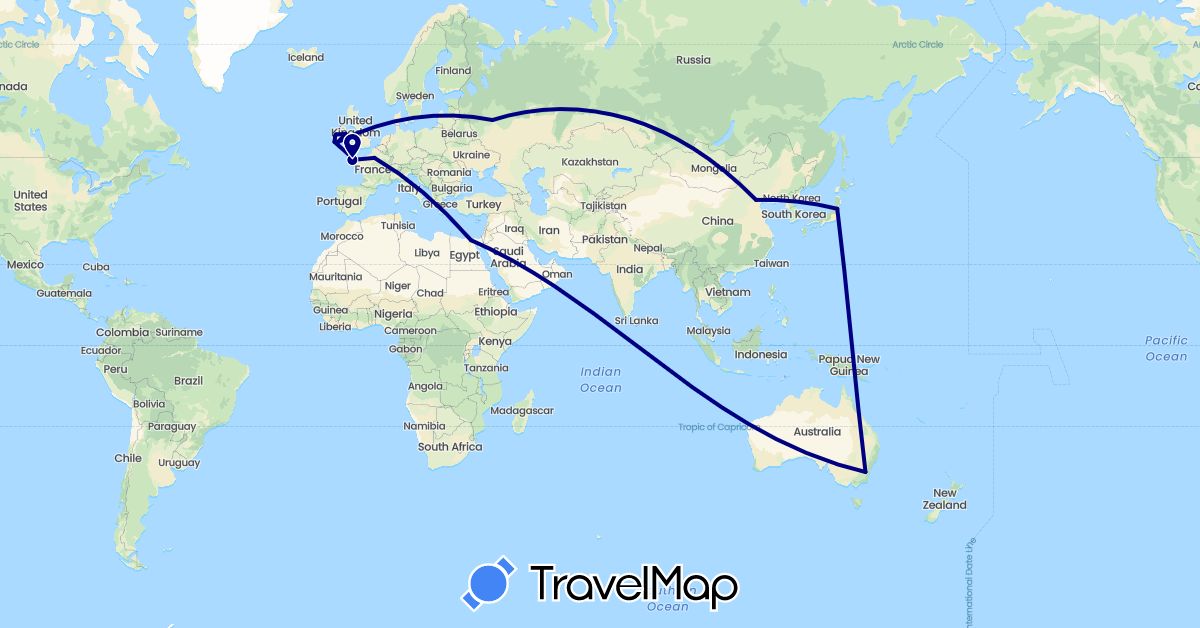 TravelMap itinerary: driving in Australia, China, Egypt, France, Ireland, Japan, Russia (Africa, Asia, Europe, Oceania)